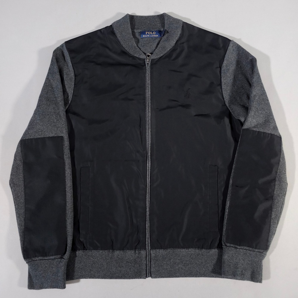 Polo Ralph Lauren Bomber Jacket Mens Large Grey Black Hybrid Knit Woven Zip Up